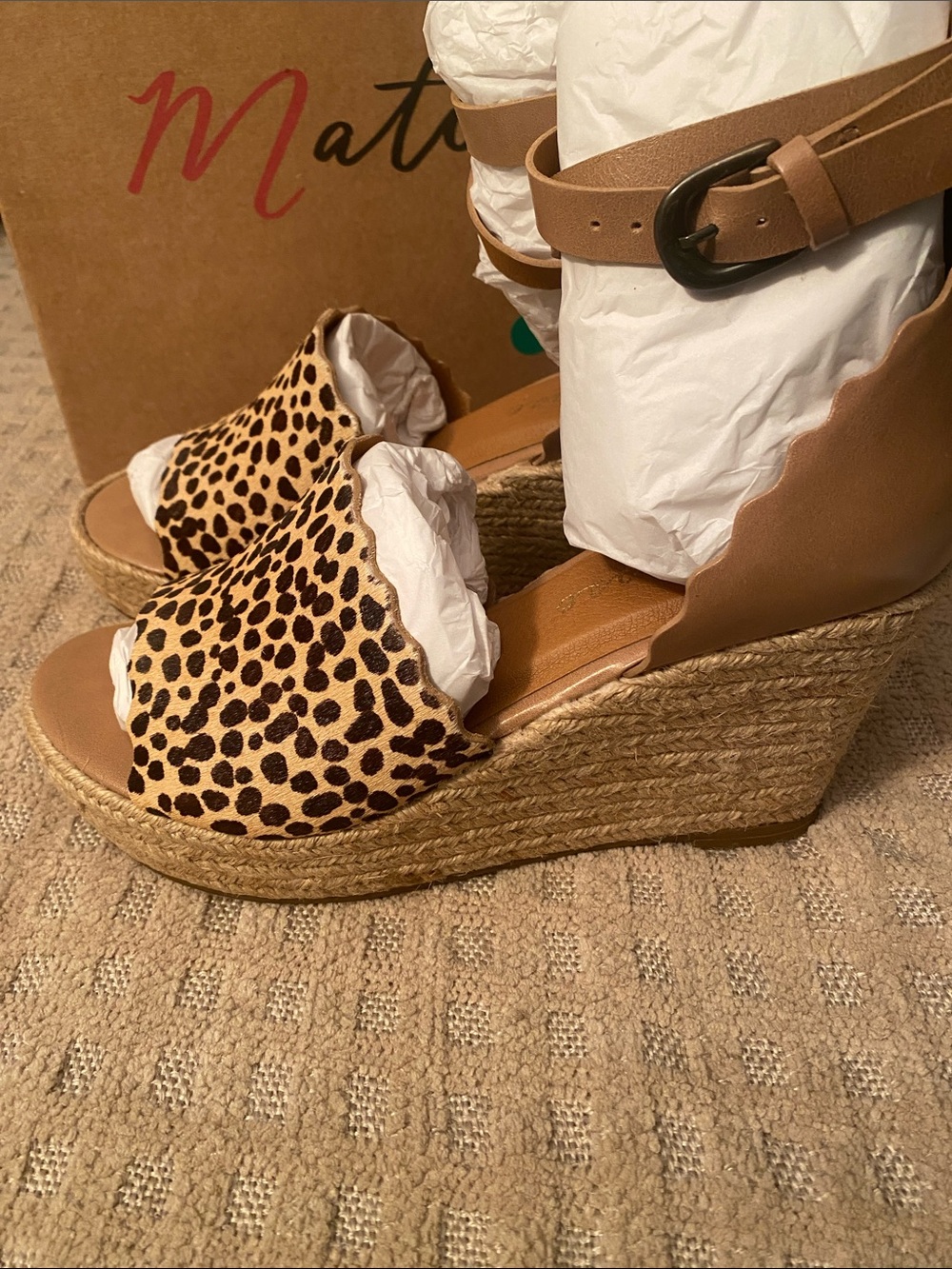 Matisse Leopard Print Wedge Espadrille Sandals with Tan Ankle Strap